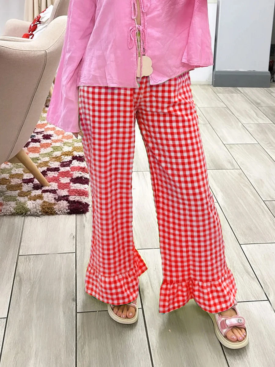 2024 Fashion Plaid Flared Pants Women y2k Vintage Ruffle Hem Pleated High Waist Pants Summer Straight Leg Holiday Trousers