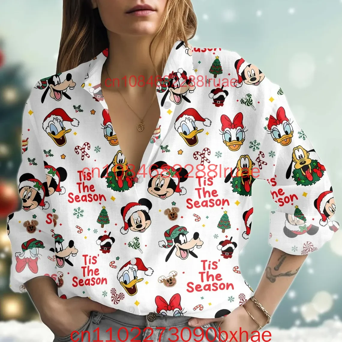 

Christmas Mickey Mouse Blouse Shirt Disney Xmas Women Shirt Mickey Minnie Friends Linen-Look Shirt Disneyland Button Shirt Xmas