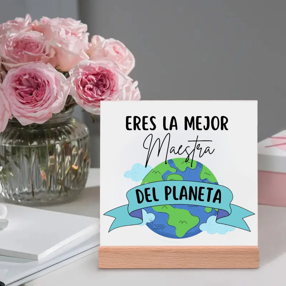 Spanish Print Plaque Sign Gift Ceramics Posters Wooden Stand Tabletop Decor Teachers Day Graduation Thanks Present for Teacher