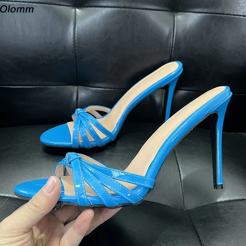 Olomm Stylish Women Mules Sandals Patent Knot Sexy Stiletto Heels Round Toe Pretty Sky Blue Casua Shoes Ladies US Plus Size 5-20