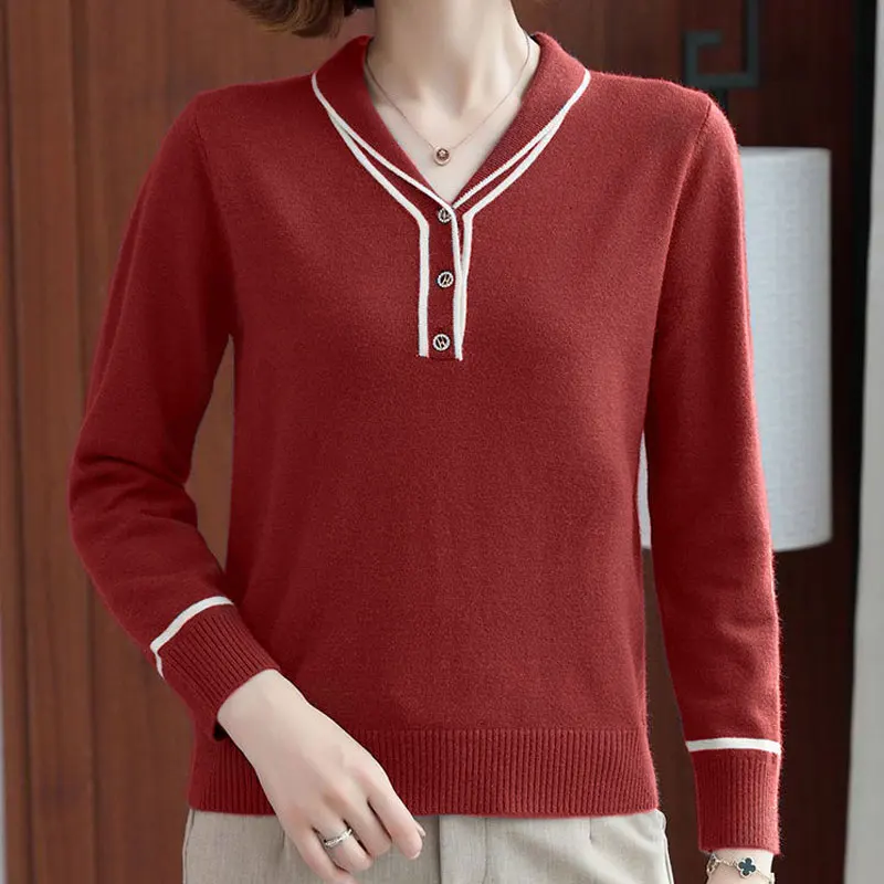 Bright Line Decoration All-Match Sweaters, macacões monocromáticos, gola virada para baixo, botão elegante, roupas femininas, primavera e outono,