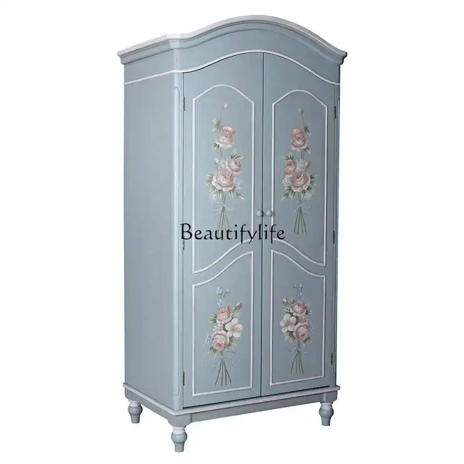 

z.-*French retro painted solid wood wardrobe American pastoral double door wardrobe locker