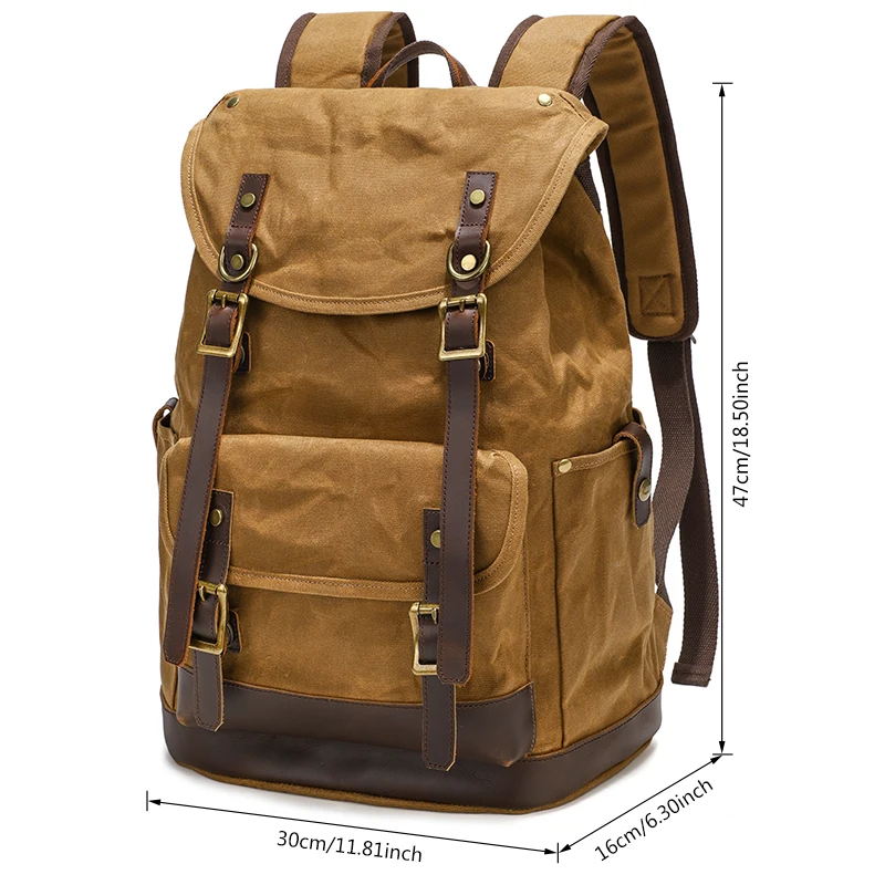 KOOGER New Fashion Men's Backpack Vintage Waxed Canvas Backpack School Bag Travel Bags Large Capacity Travel Laptop Retro Bag