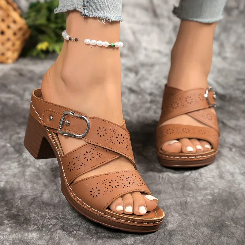 

Roman Style Hollow Out Thick Heel Sandals Women's Fish Mouth Shape Rubber Bottom Leather Lined Summer New Arrival