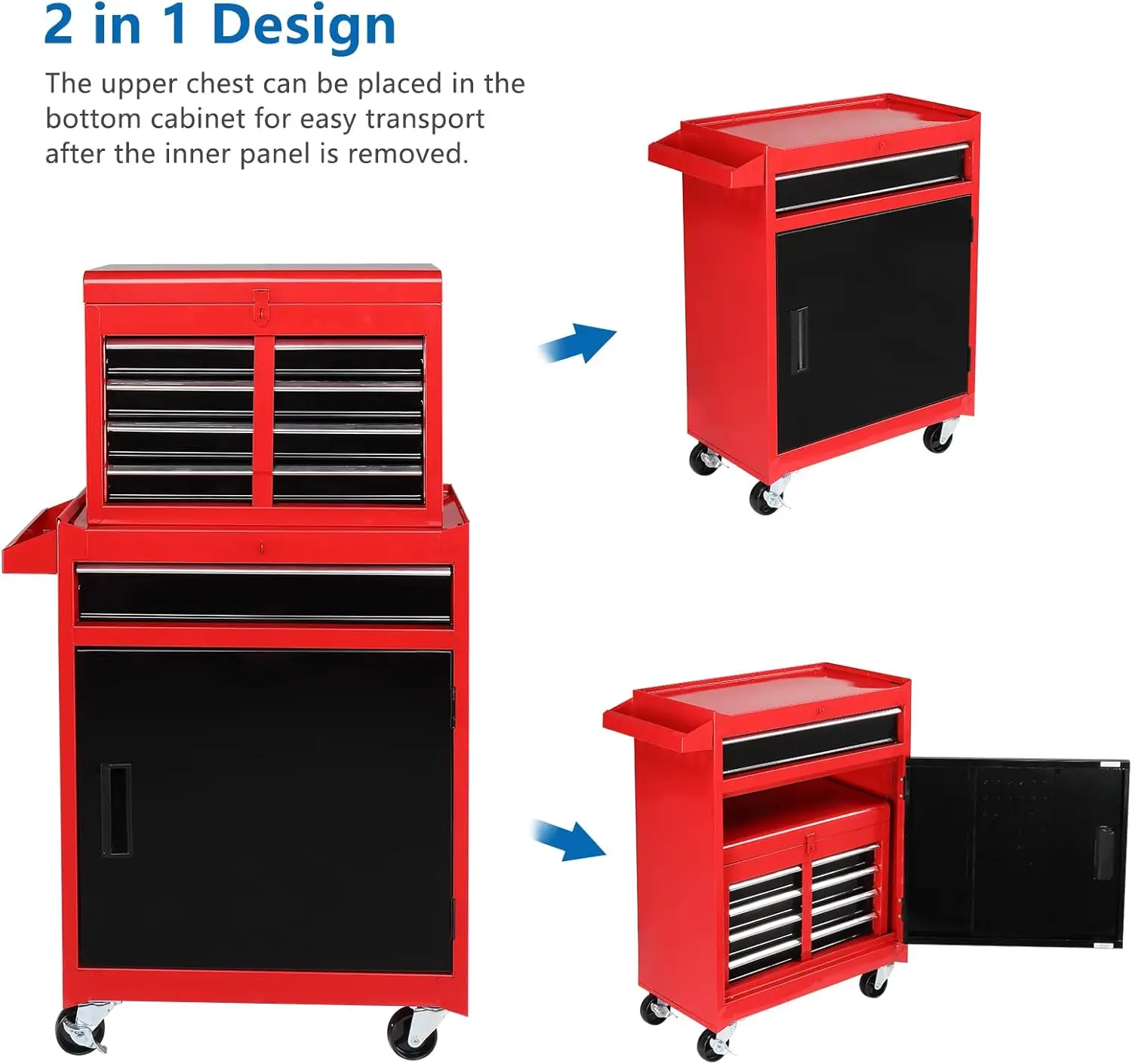 Imagem -05 - Rolling Tool Chest Storage Cabinet 5-drawer Top Destacável Prateleira Ajustável Mechanic Tool Organizer Box With Drawers Wheels