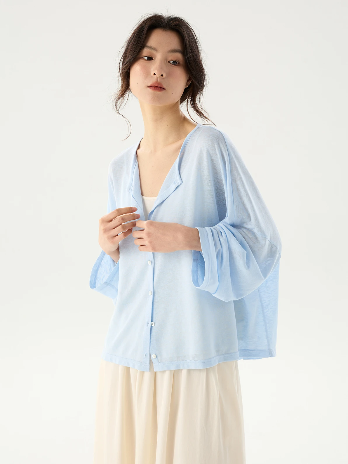 

Cool Sensation Ice Blue Snowflake White Sunscreen Batwing Sleeve Silk Lightweight Knitted Cardigan Loose Fit Women's Fashion