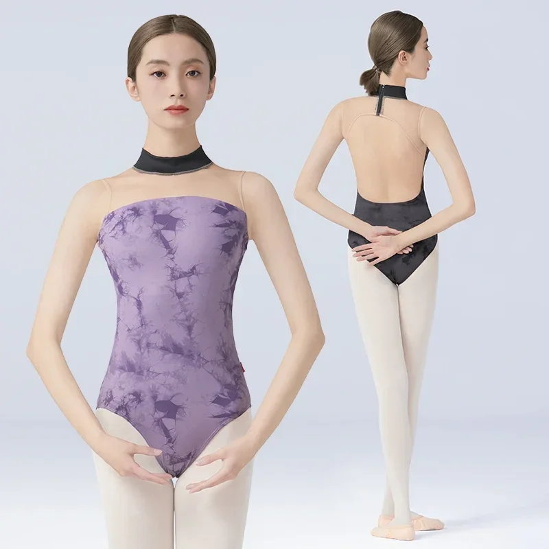 Vrouwen Balletdans Maillots Coltrui Mouwloze Inkt Afdrukken Turnpakje Volwassen Meisjes Skate Paaldansen Bodysuit Rugloze Badkleding