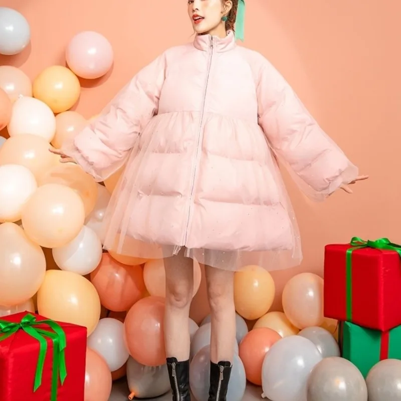 Women's Winter Cotton Coat Top Coat Net Yarn Splicing Bowknot Padded Thickened Warm Fashion Comfortable Versatile Vintage Trend