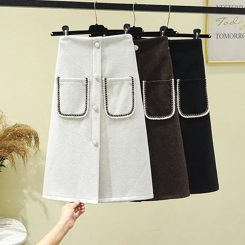 

New Woolen Skirt Autumn and Winter High Waist Thin Pocket Breasted Mid-length Skirt A-line Bag Hip Slit Over-the-knee Skirt