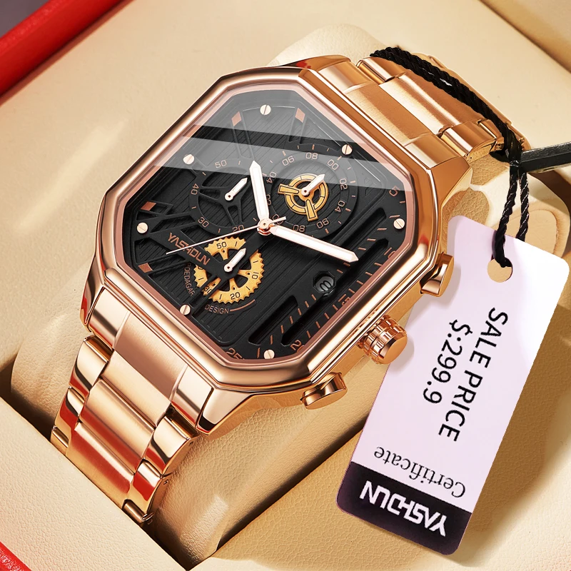 

YASHIDUN Топ Элитный Бренд Мужские Часы Спортивные Ночные Часы Кожаный Квадратный Хронограф Календарь Наручные Часы Деловые Мужские Часы