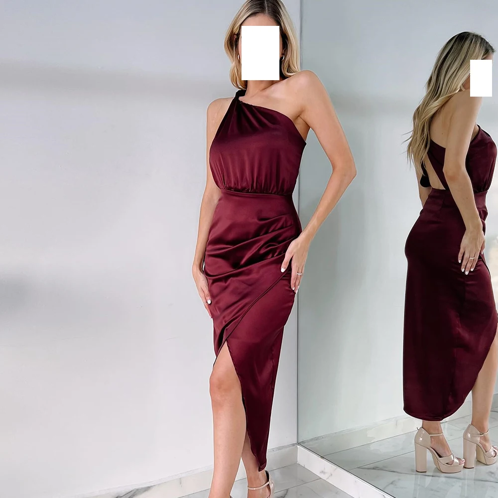 

Classic Burgundy Satin High-Low Evening Dress Ankle Length One Shoulder Straight Pleat Backless Sleeveless Bespoke Occasion Gown