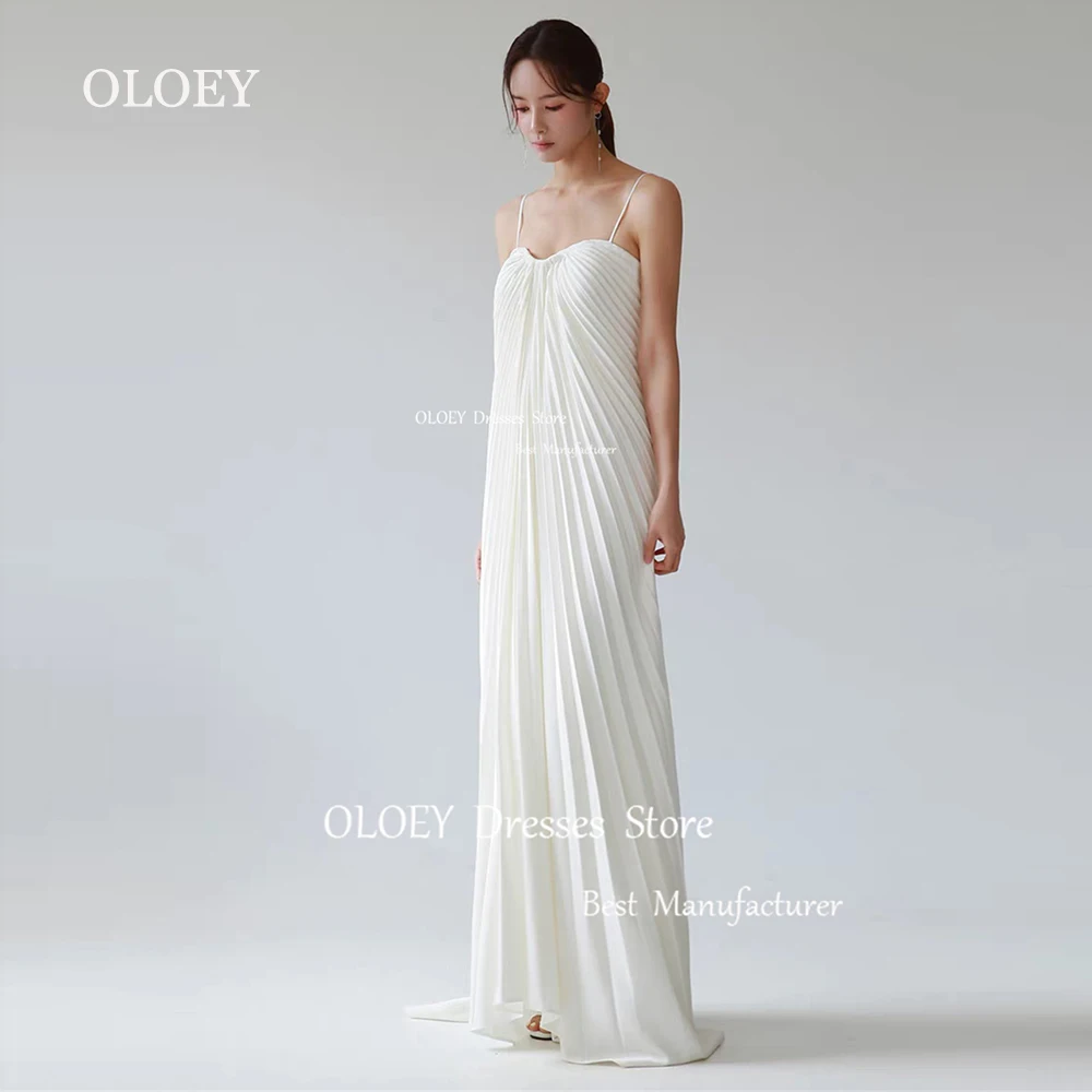 OLOEY Simple Pleats Satin White Wedding Dress Korea Photoshoot Spaghetti Straps Bridal Gown Floor Length Corset Party Gown