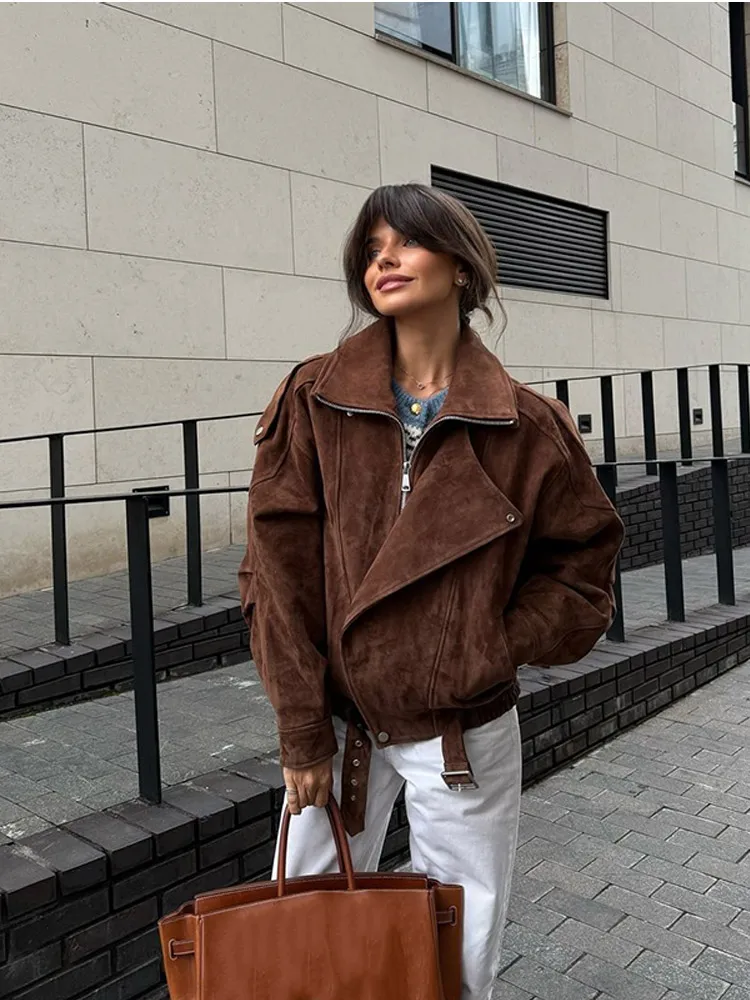 Chic Brown Suede Cropped Casual Coat Vintage Lapel Solid Color Zipper Short Jacket 2024 Autumn Woman New Padded Shoulder Jackets