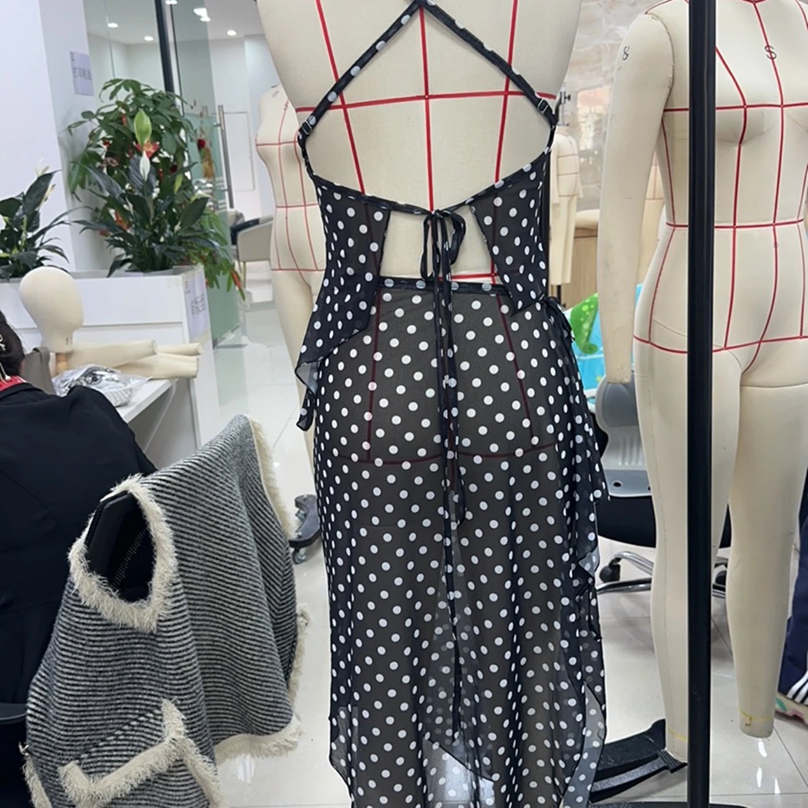 Women Sheer Outfit Backless Halter Top with Long Slit Skirt Dots Print Summer Cocktail Party Conjunto Dos Pie2as Mujer Mesh