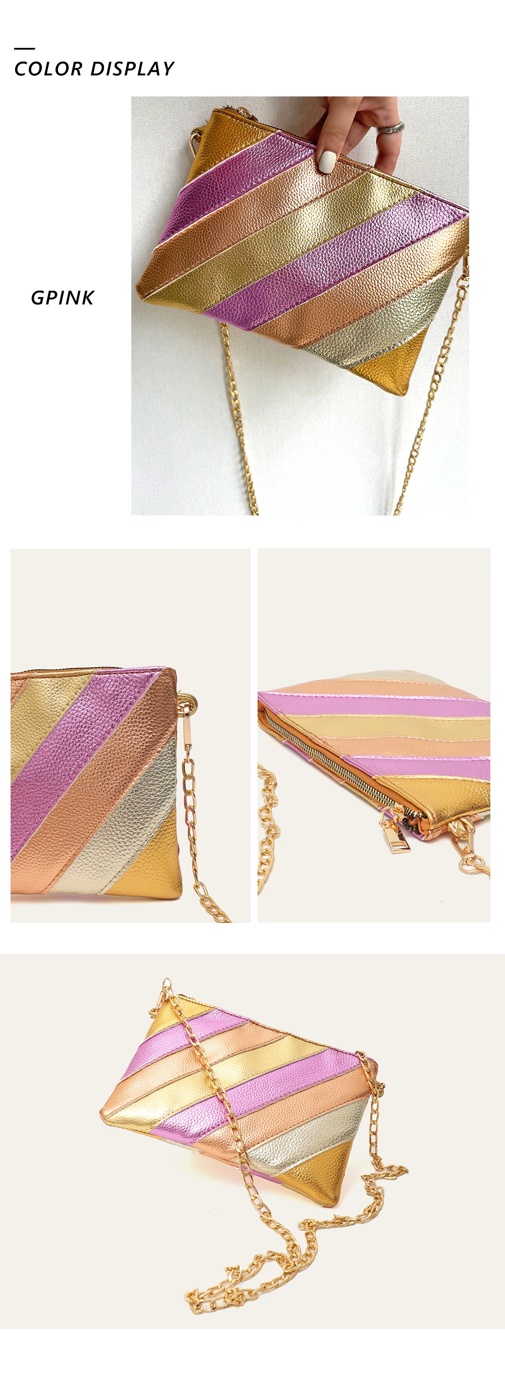 Luxus funky Metallic Farbe Streifen Pu Leder Handtasche Damen quadratische Clutch Metall kette Cross Body Geldbörse Mode Y2k Party Abschluss ball – Detail 6