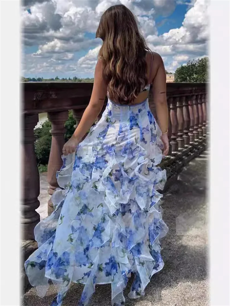 Elegante Avondfeestjurk Met Bloemenprint Vrouwen Sexy V-Hals Mouwloos Off Shoulder Slim Fit Hoge Taille Lange Prom Jurken