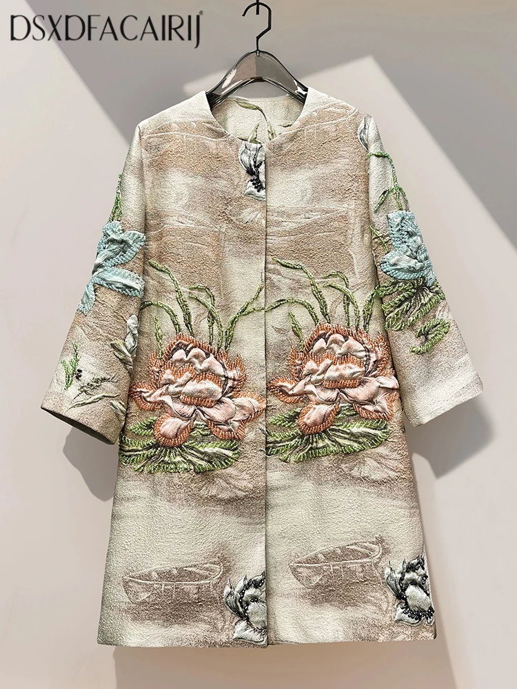 

DSFACAIRIJ Women's Vintage Beaded Jacquard Coat O-Neck 4/3 Sleeve Pockets Concealed Buttons Fashion Outerwear for Autumn