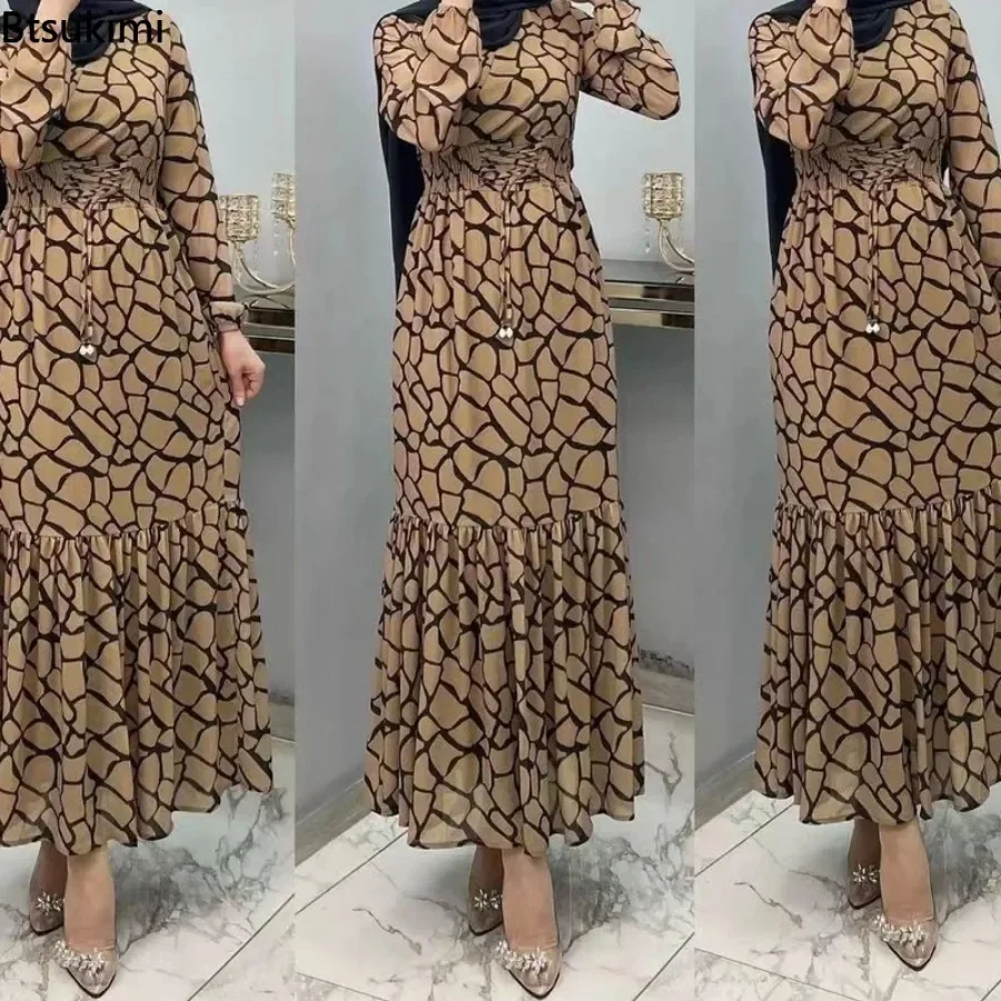 Muslim Elegant Print Dress Abaya for Women Fashion High Waist Long Sleeve Arab Islamic Clothing Mid East Turkish Evening Dresses