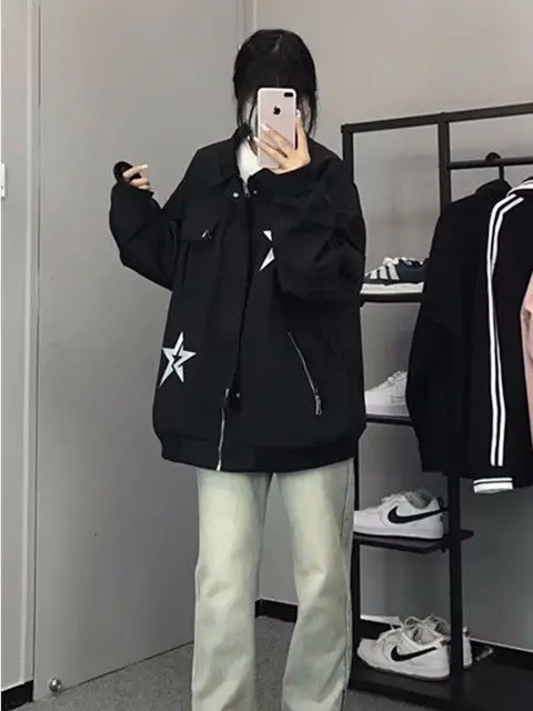 

Ladies Denim Jackets For Woman Girlish Furry Adjustable Button-Up Ulzzang Floral Print Printing Preppy Texture Arts Double-Deck