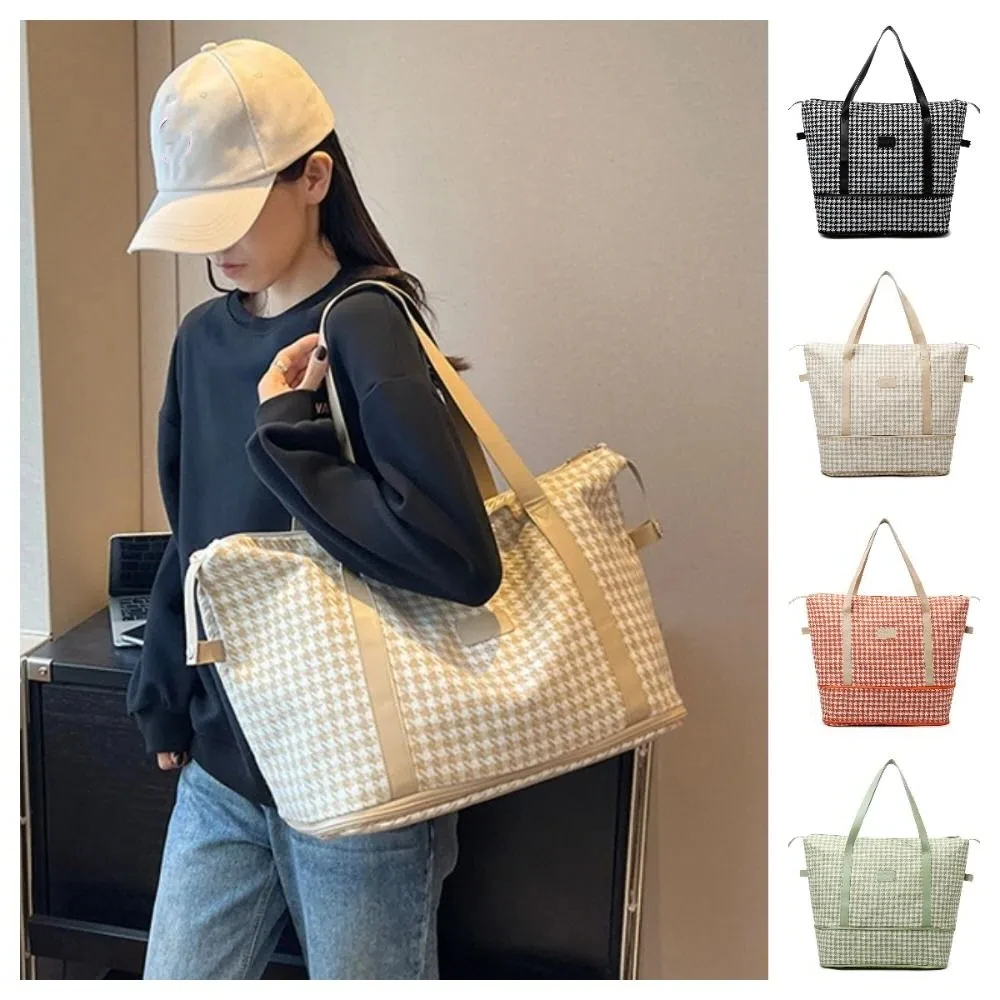 Double-Layer Plaid Travel Luggage Handbag Oxford Cloth Grid Stripe Fitness Yoga Gym Tote Bags Waterproof Mommy Bag