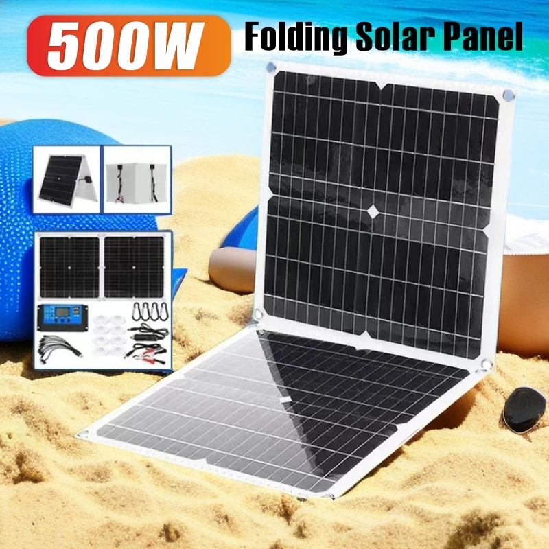 

Folding 500W Solar Panel With Dual USB+DC Output Portable Charging Device Outdoor Mobile Power Supply With 10A-100AController