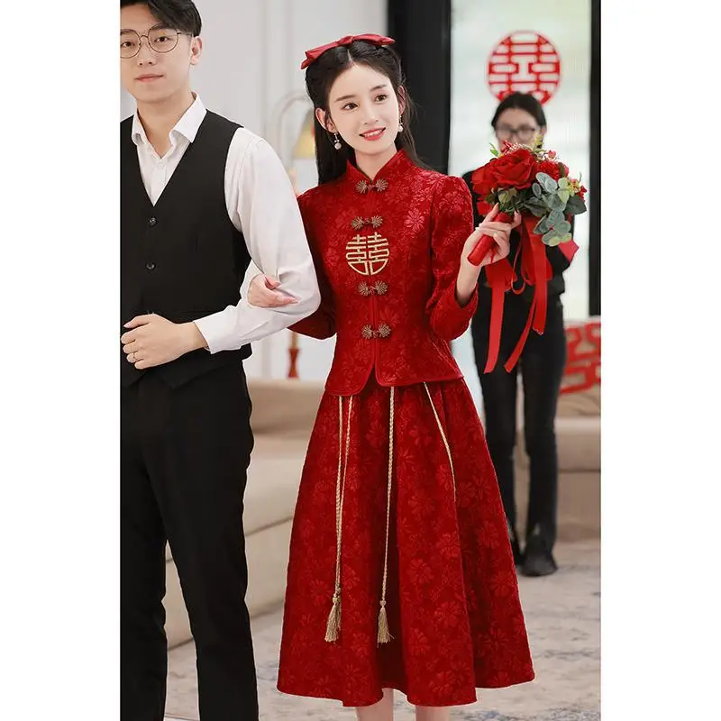 

Bridal Burgundy Vintage Improved Simple Qipao Xiuhe Suit Long Sleeve Skirt 2PCS Wedding Dress New Chinese Style Toast Clothes