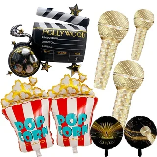 Camera Movie Popcorn Microphone Balloon for Night Party Decor, Retro Happy Birthday Banner, Garland Supply