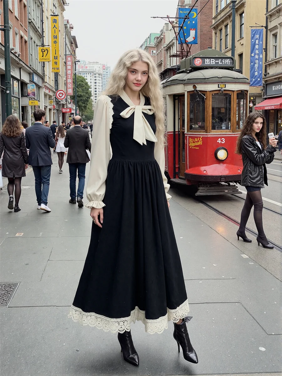 Women'S Black Dress Woman Long Sleeve Regular Fit Preppy Style Autumn Spring Pure Bodycon Red Straps Pearl Embroidery Column