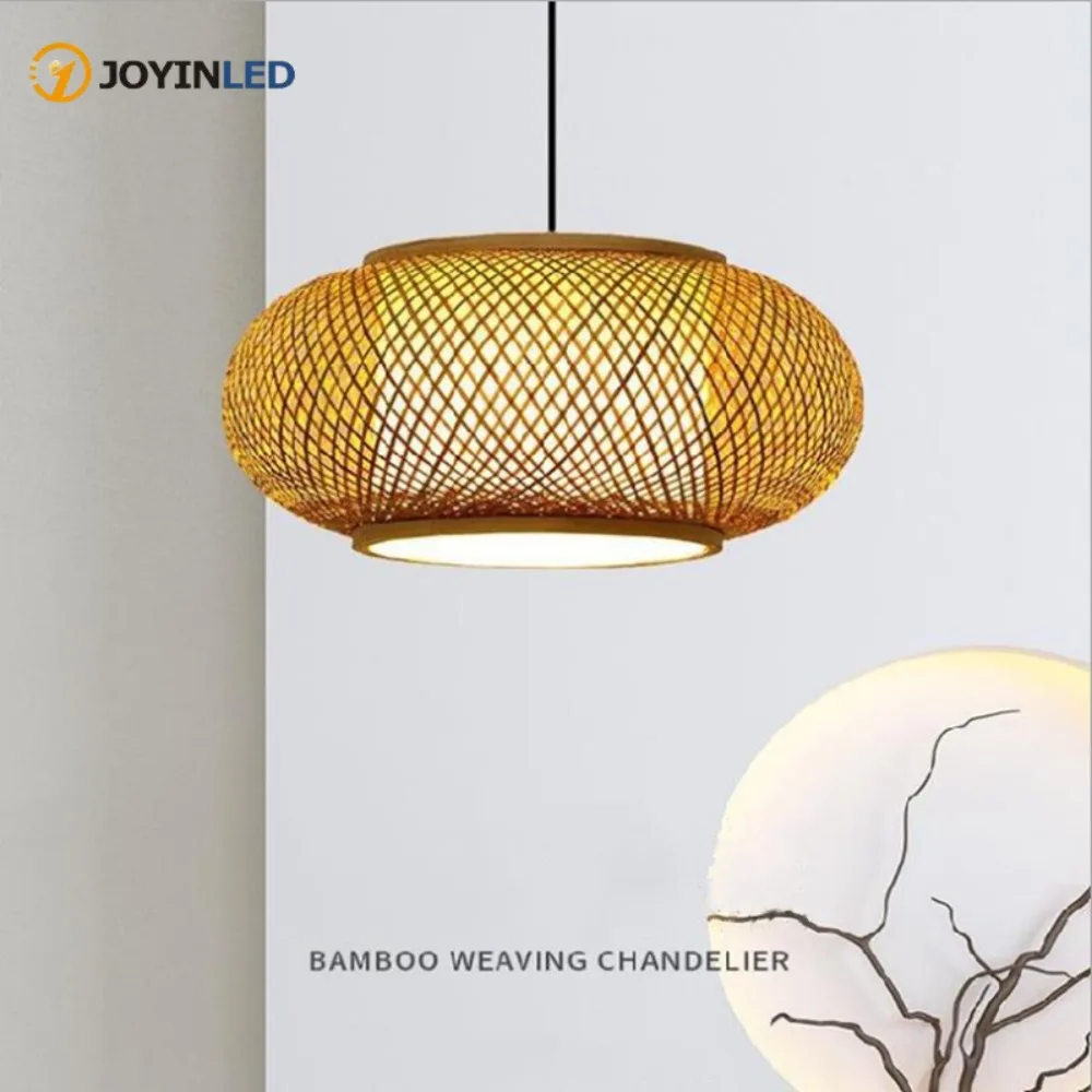 

Round Hand Knitted Bamboo Rattan Pendant Light Cord Fixture Lamp Luminaria Dining Table Room Classic Chinese Pendant Light