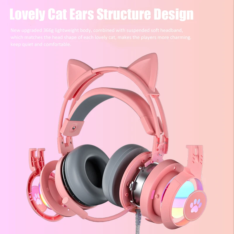Cute Cat Ear Gaming Headphones com Microfone, Ruído Reduzido, RGB, Pink Girls, Headset, Gamer, Acessórios para PS4, Xbox, Telefone, PC, Kid's Gift