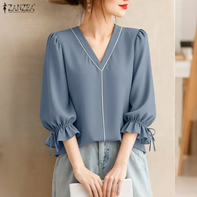 

ZANZEA Elegant Contrast-Piping Women's Blouses 2026 Spring 3/4 Lantern Sleeve Tied Cuffs Solid Color Tops Woman Clothes New In