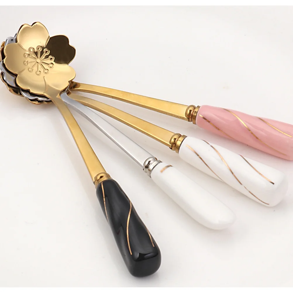 

3Pcs Coffee Mixing Spoons Stainless Steel Petal Shape Ceramic Handle Cherry Blossom Long Handle Stirring Spoon for Drinks