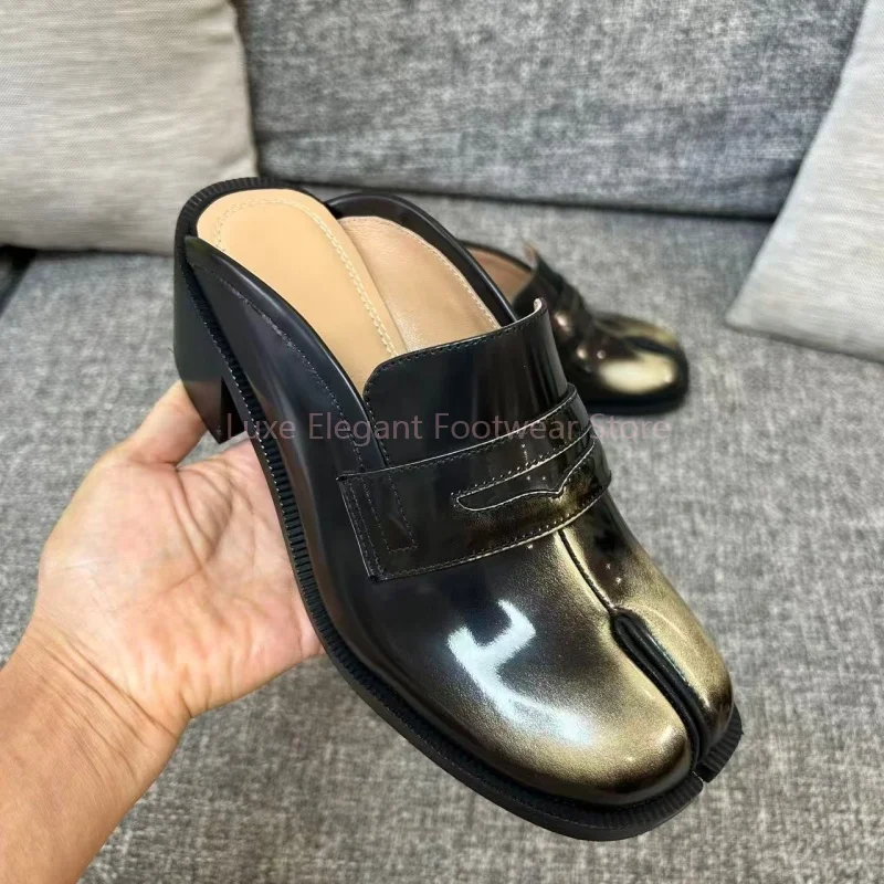 

Patchwork Split Toe Platform Mule Slippers Women Patent Leather Platform Slip On Loafers Fashion Luxury Party Banquet Slippers