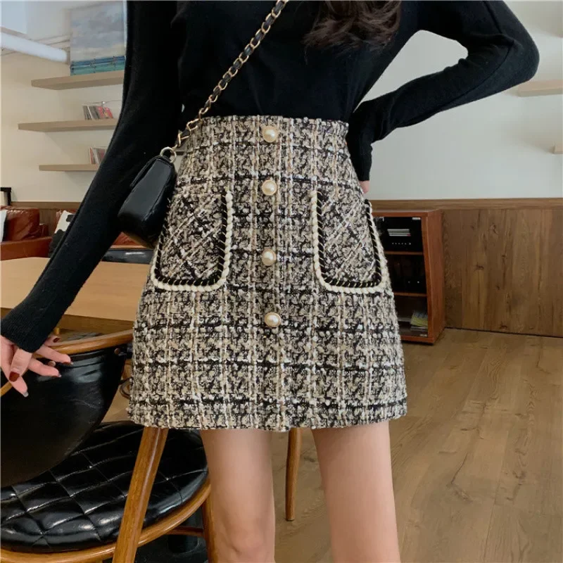 Korean small fragrant woolen plaid skirt skirt women's autumn and winter new fashion temperament high waist casual skirt