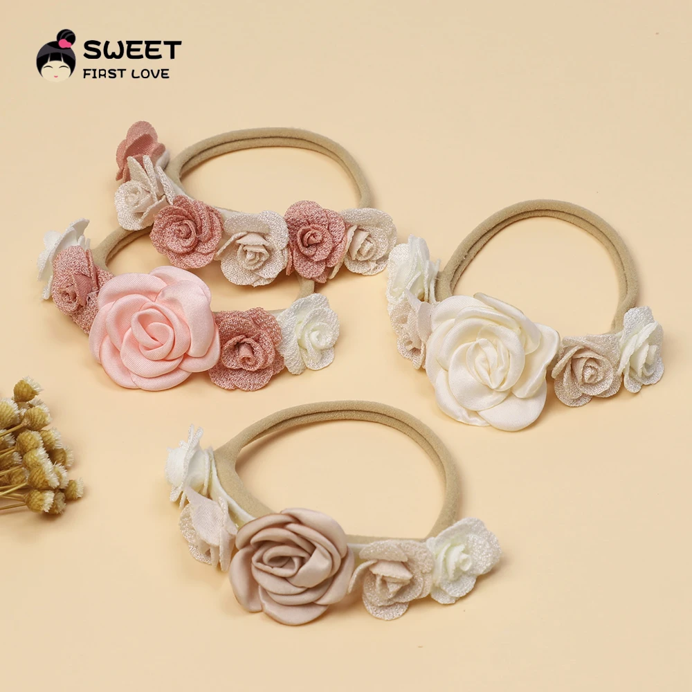 Artificial Floral Flowers Headband for Baby Girl Elastic Rubber Bands for Girls Hair Bands Seamless Soft Nylon Baby Accessories