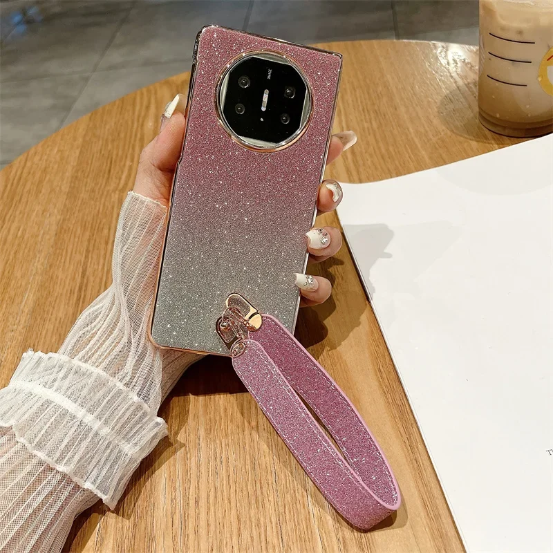 

For Huawei Mate X3 X5 Case Fashion Electroplated Bling Glitter Shiny Wrist Strap Folding Shockproof Protection Hard Back Cover