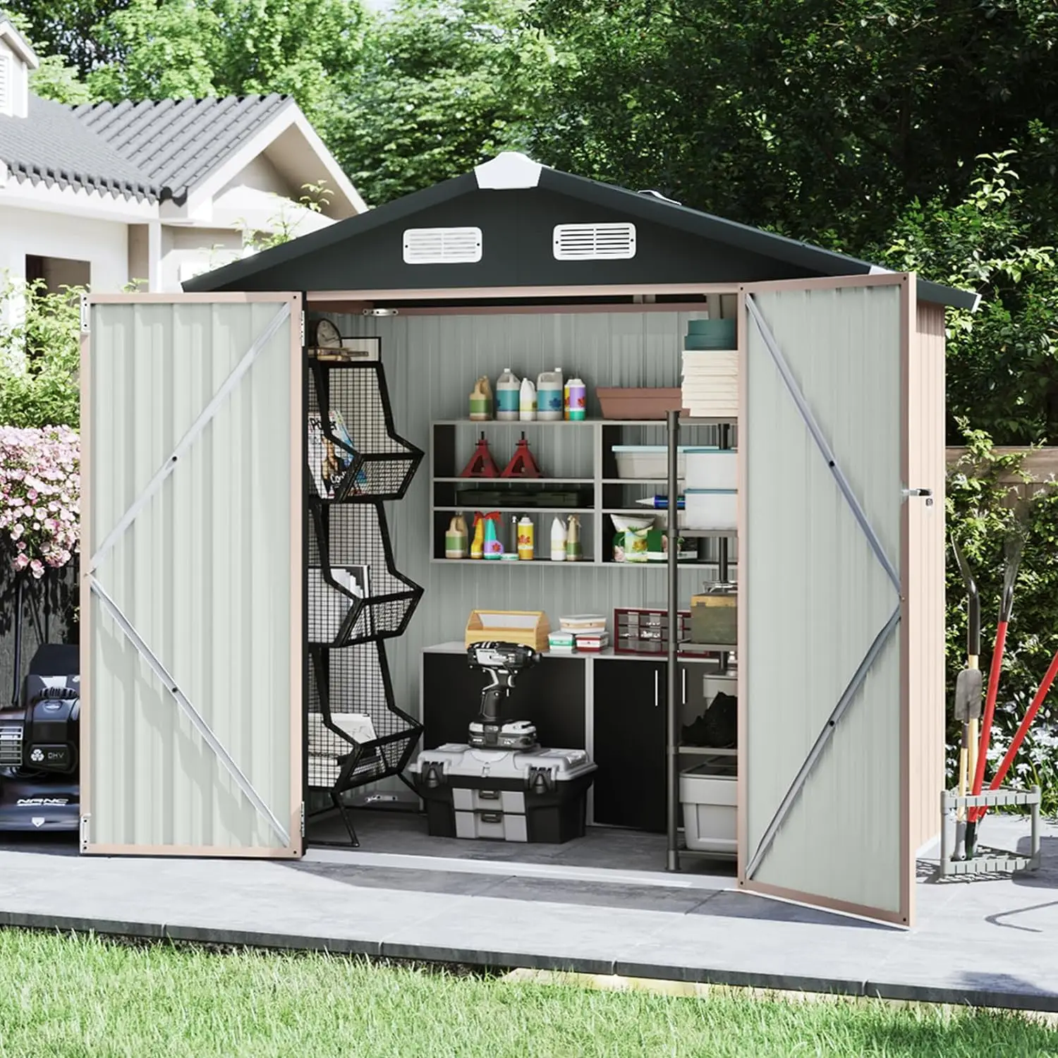 Outdoor Storage Shed 6.4x4 FT Garbage Can Outdoor Metal Shed for Tool Garden Bike Brown Multifunctional use Excellent design