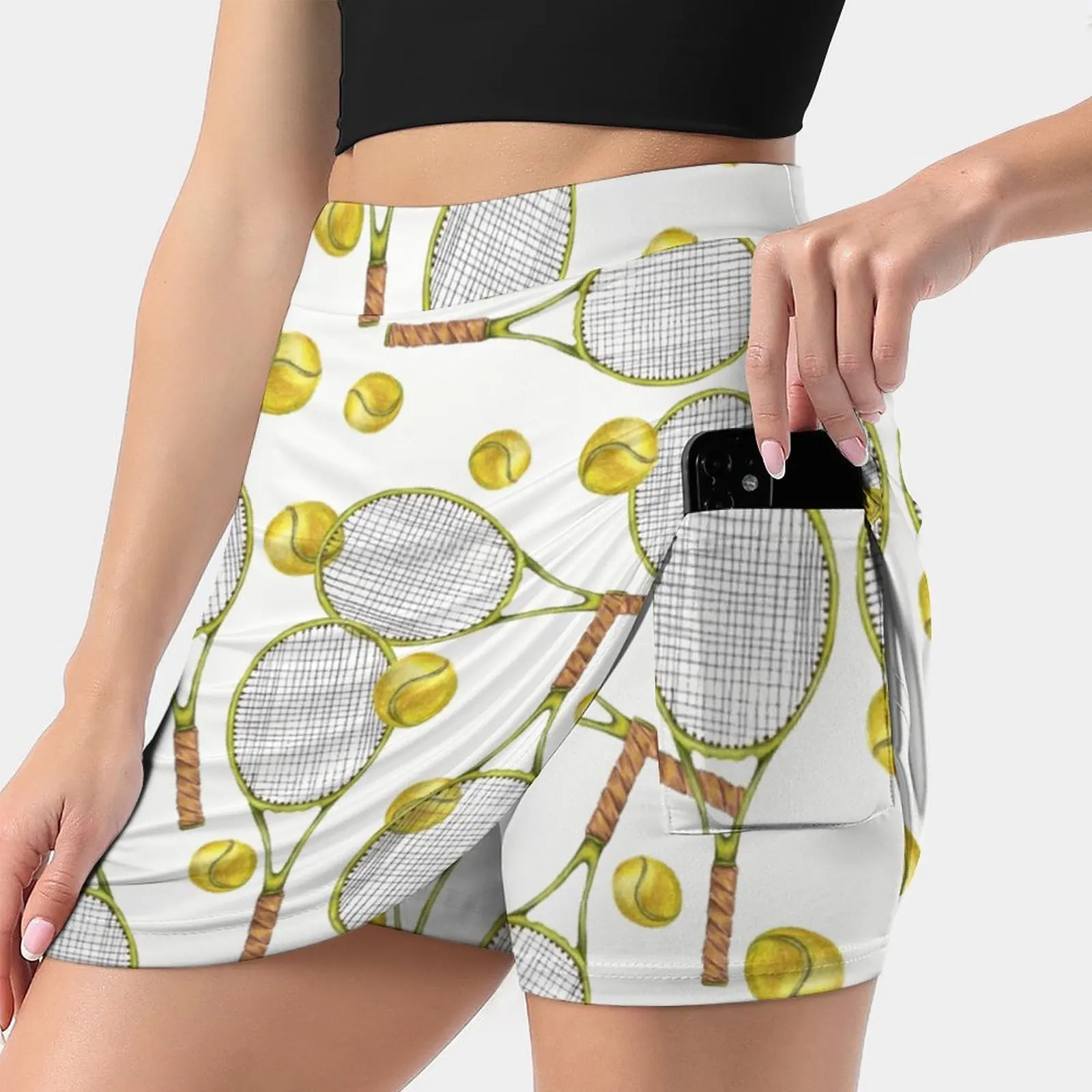 Pattern With Tennis Rackets With Tennis Balls. Color Pencil Women's skirt With Hide Pocket Tennis Skirt Golf Skirts Badminton