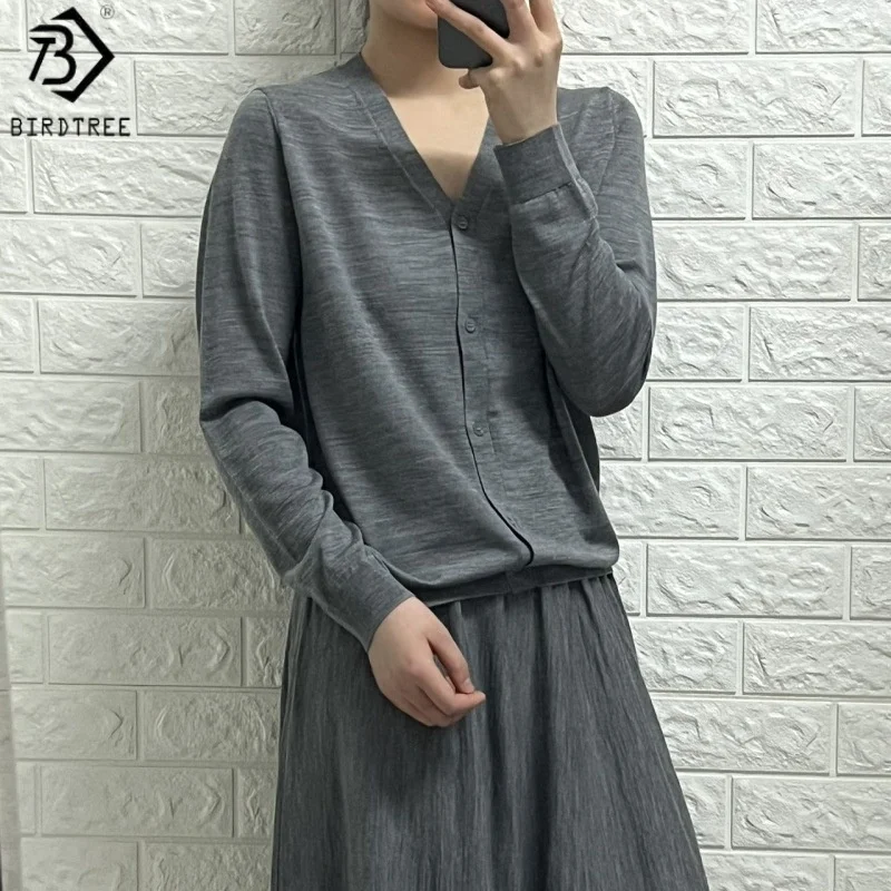 

Birdtree 100% Sheep Wool Elegant Woolen Sweater,Woman Autumn V-neck Full Sleeve Single Breasted Commuting Knit Top T58125JF