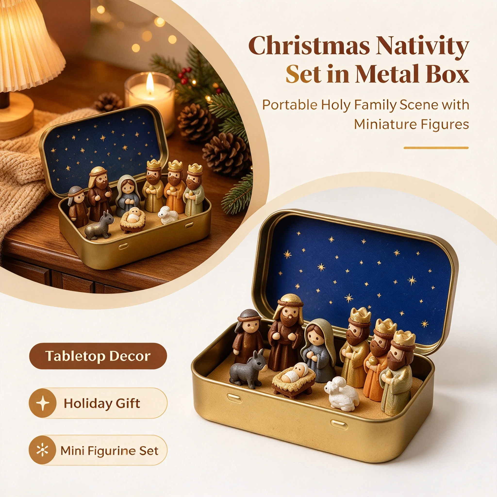 Religious Nativity Scene Figurine Set Metal Tin Box Mini Statue Home Desktop Decor Holiday Christmas Christian Keepsake Gift