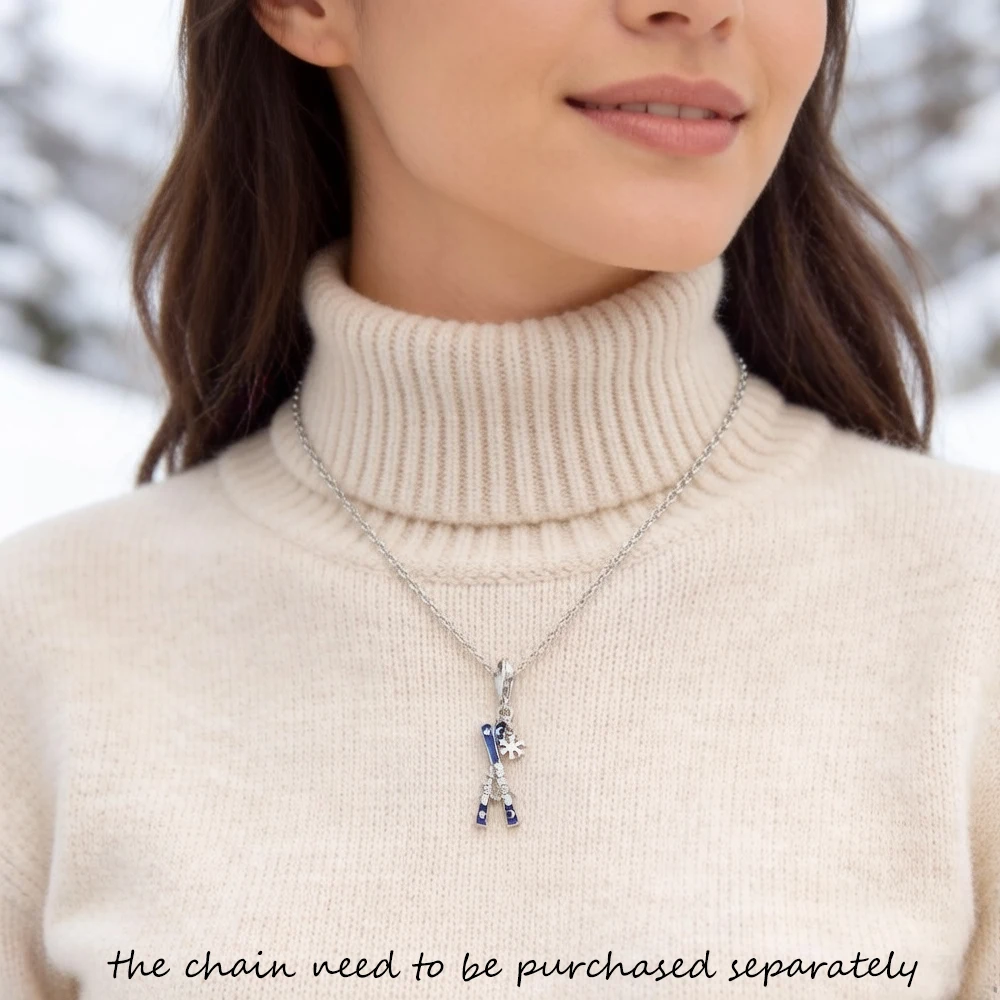 Blauer gekreuzter Ski mit Schneeflocken-Anhänger für Damen und Herren, 925er Sterlingsilber, Winter, brandneues Sportgeschenk – Detail 3