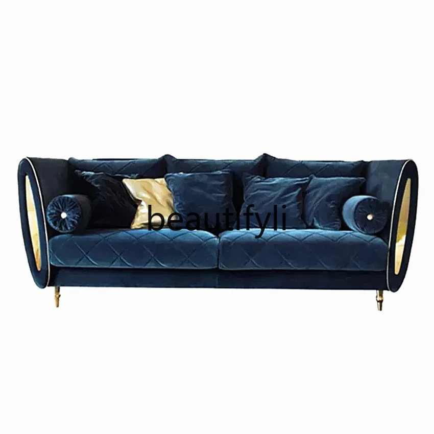 

Light luxury sofa post-modern Hong Kong-style luxury three-person blue flannel sofa simple and modern