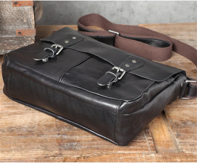 Casual luxury natural genuine leather men\'s messenger bag daily travel work real cowhide black tablets A4 document shoulder bag