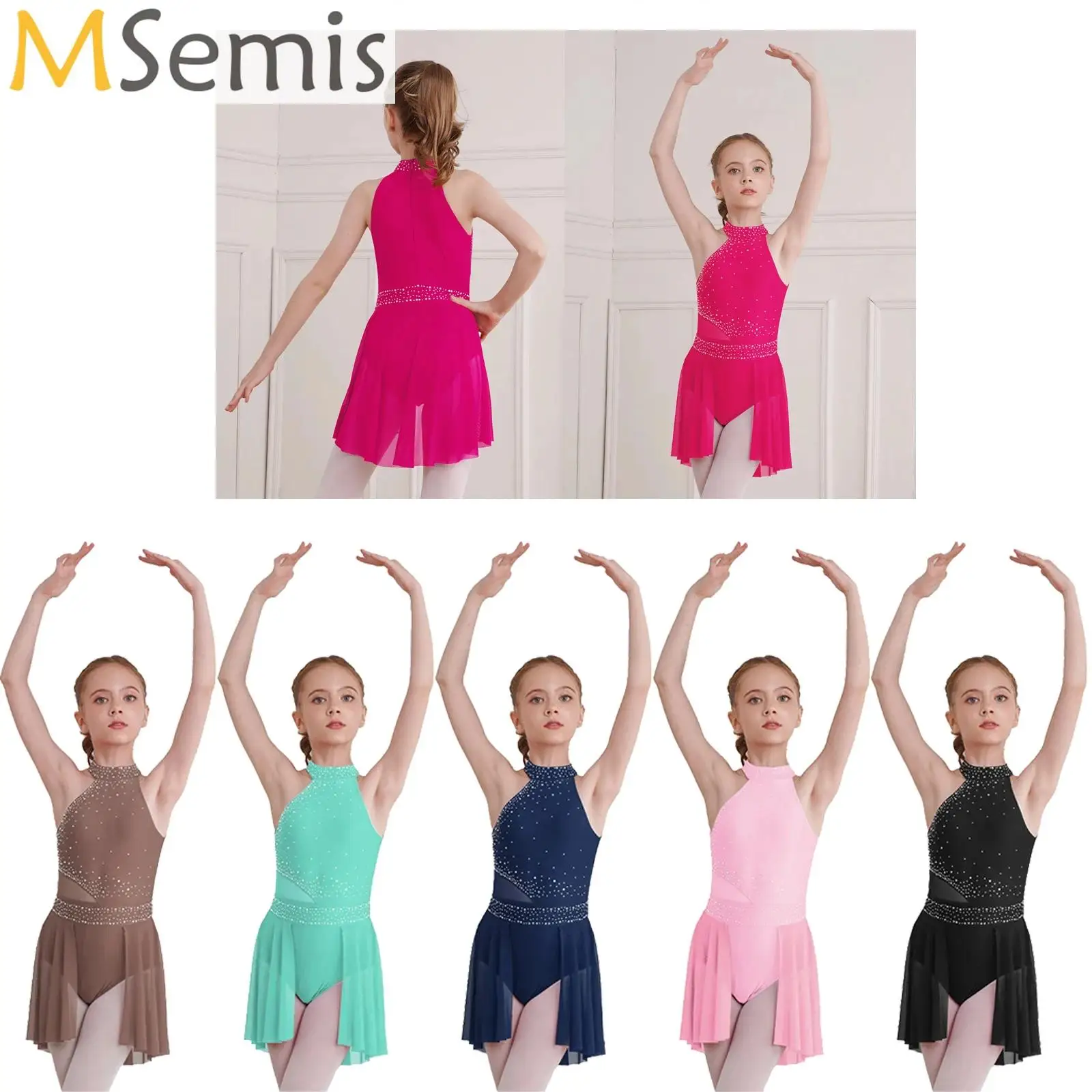 

Kids Girls Sparkly Rhinestone Ballet Lyrical Dress Gymnastics Figure Skating Costume Irregular Hem Tutu Dress Stage Dancewear