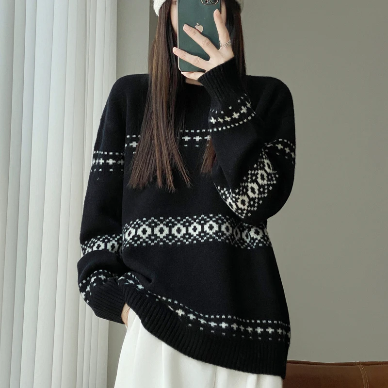 

Women's Stitch Sweater Loose Wool Casual Pullover jacquard Soft Warm Knitwear Autumn Winter Thickening Comfortable Knit Top 2025