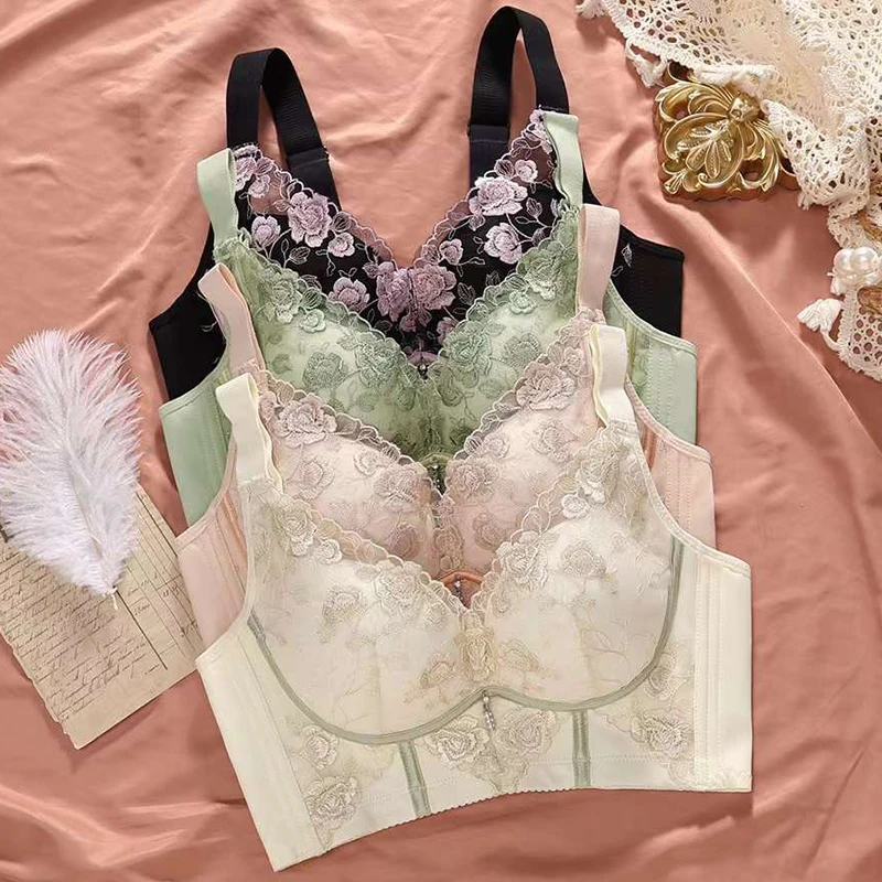 Embroidery Adjustment Type No Steel Ring Women Bra Gather Together Anti-Sag Ventilate Underwear Soft Comfortable Lace Vest Bra