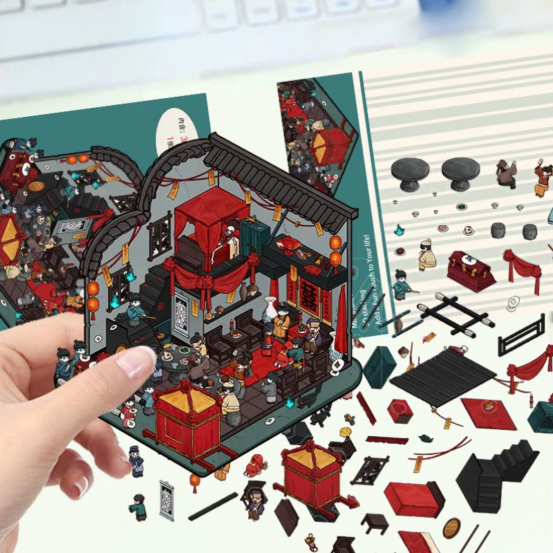 3pcs Chinese Wedding Miniature Scene 3D House Cartoon Handmade Landscape Stickers