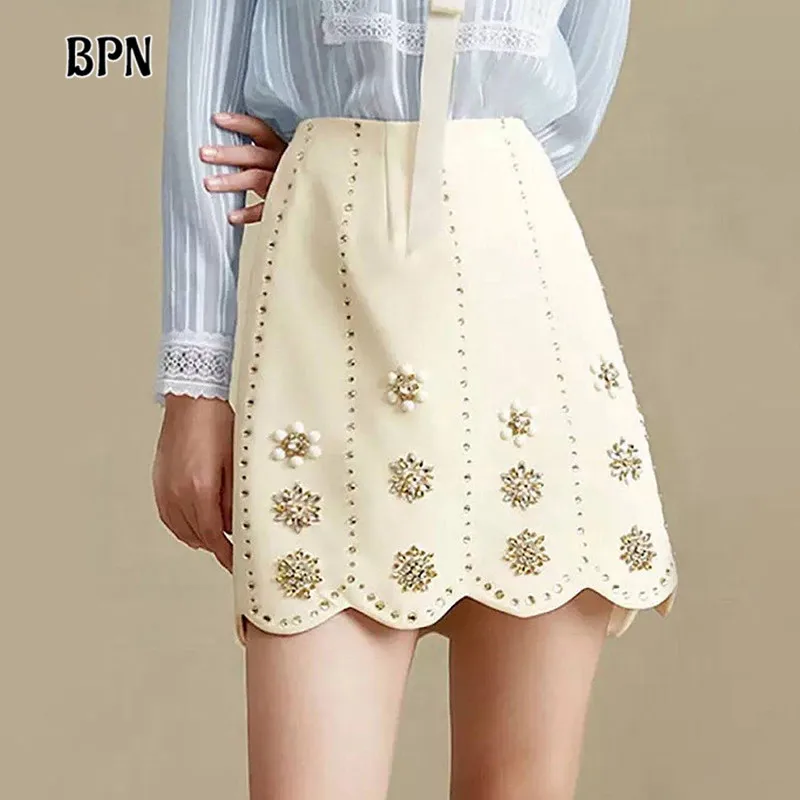 

BPN Temperament Patchwork Diamonds Skirts For Women High Waist Solid Slimming Elegant A Line Skirt Female Fashion Clothing Style