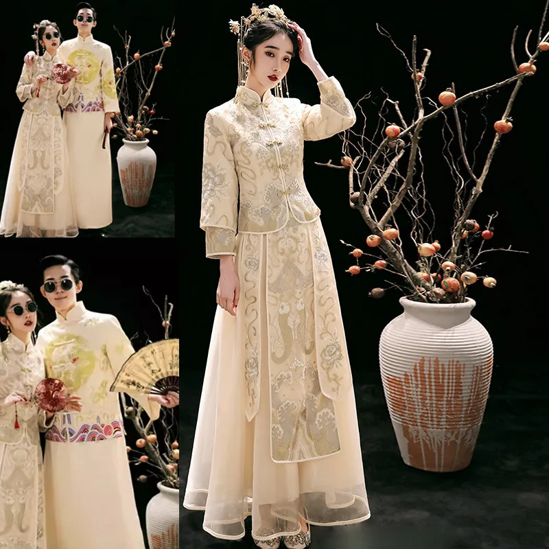 

Asian Popular Woman embroidery carps Cheongsam Evening costume Vintage Xiu He toast Beige Dress Chinese style gown wedding dress