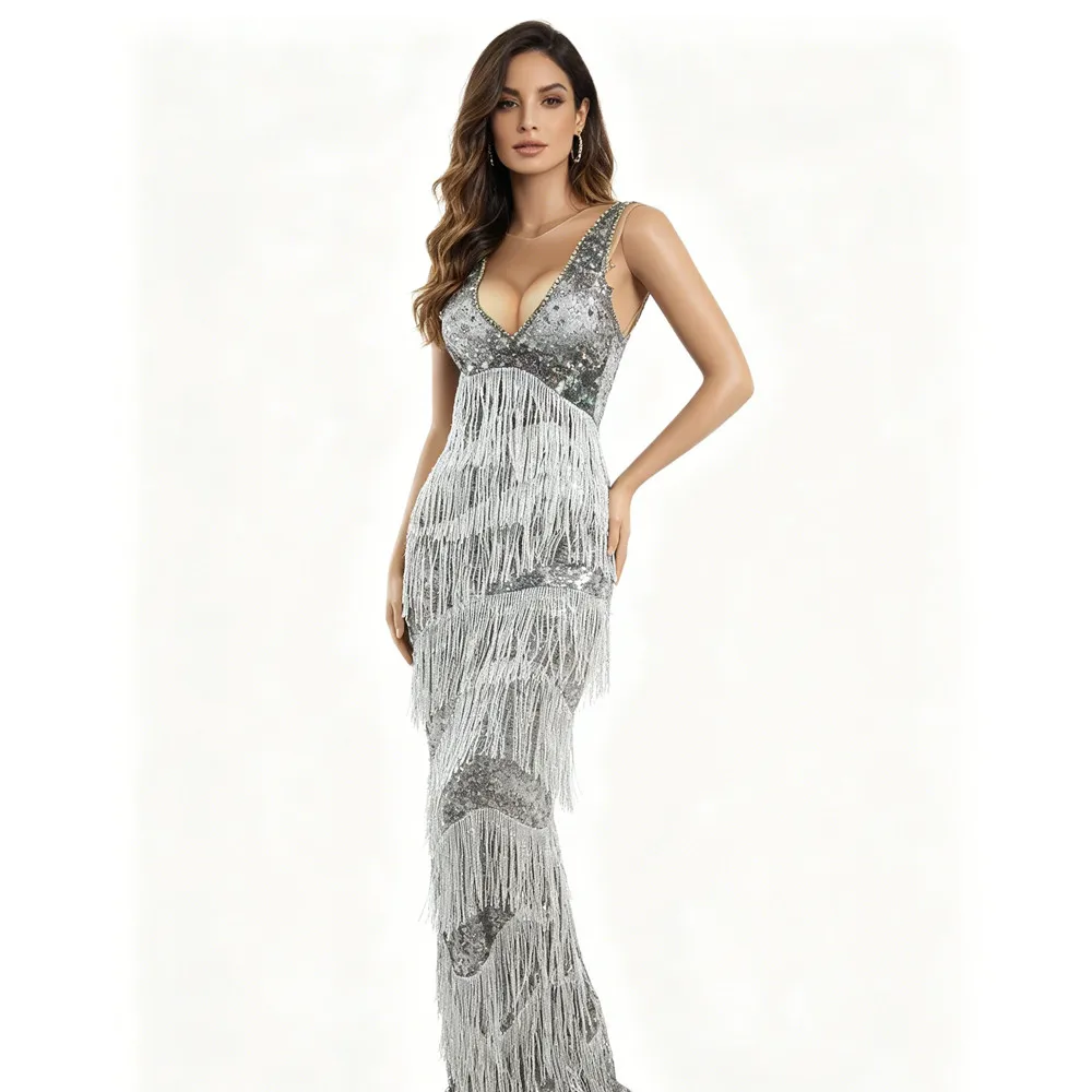 

Crystal Sleeveless Tassel Long Dress Women Elegant Prom Evening Party Birthday Celebrate Photograph for Singer Host Model Wear